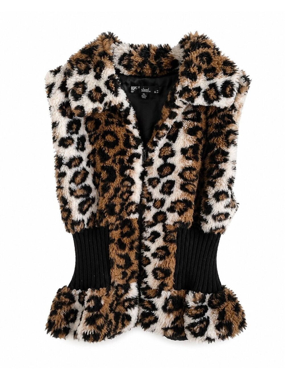 Sloni XL Leopard Print Faux Fur Boutique Vest with Ribbed Waist
